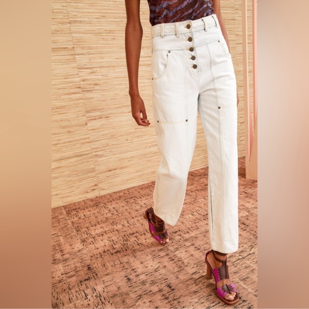 NEW Ulla Johnson August Pant Jeans In White Wash Multi Button Straight Leg 12